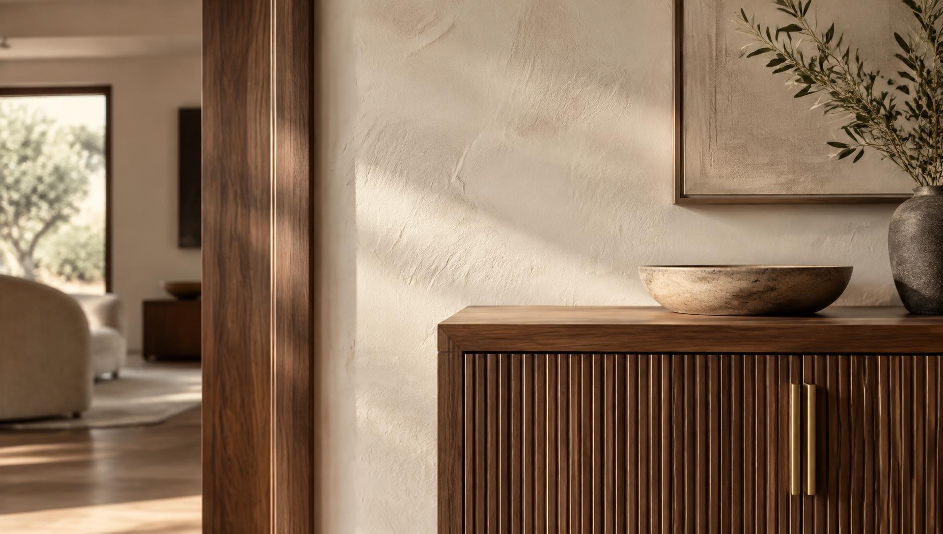 Close-up of hand-trowelled textured lime plaster meeting bespoke fluted walnut woodwork in a finished room